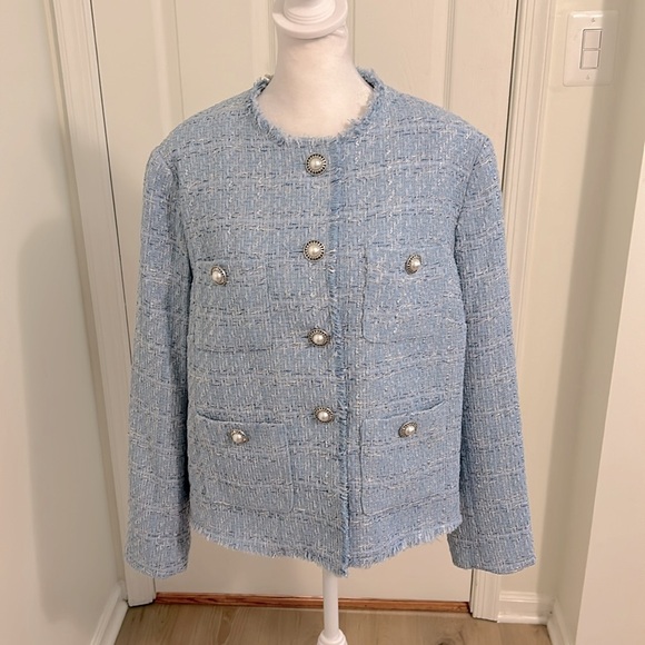 Mango Blogger Favorite Pocket Tweed Jacket Light Blue Pearl Buttons NWT Size XL - Picture 8 of 12